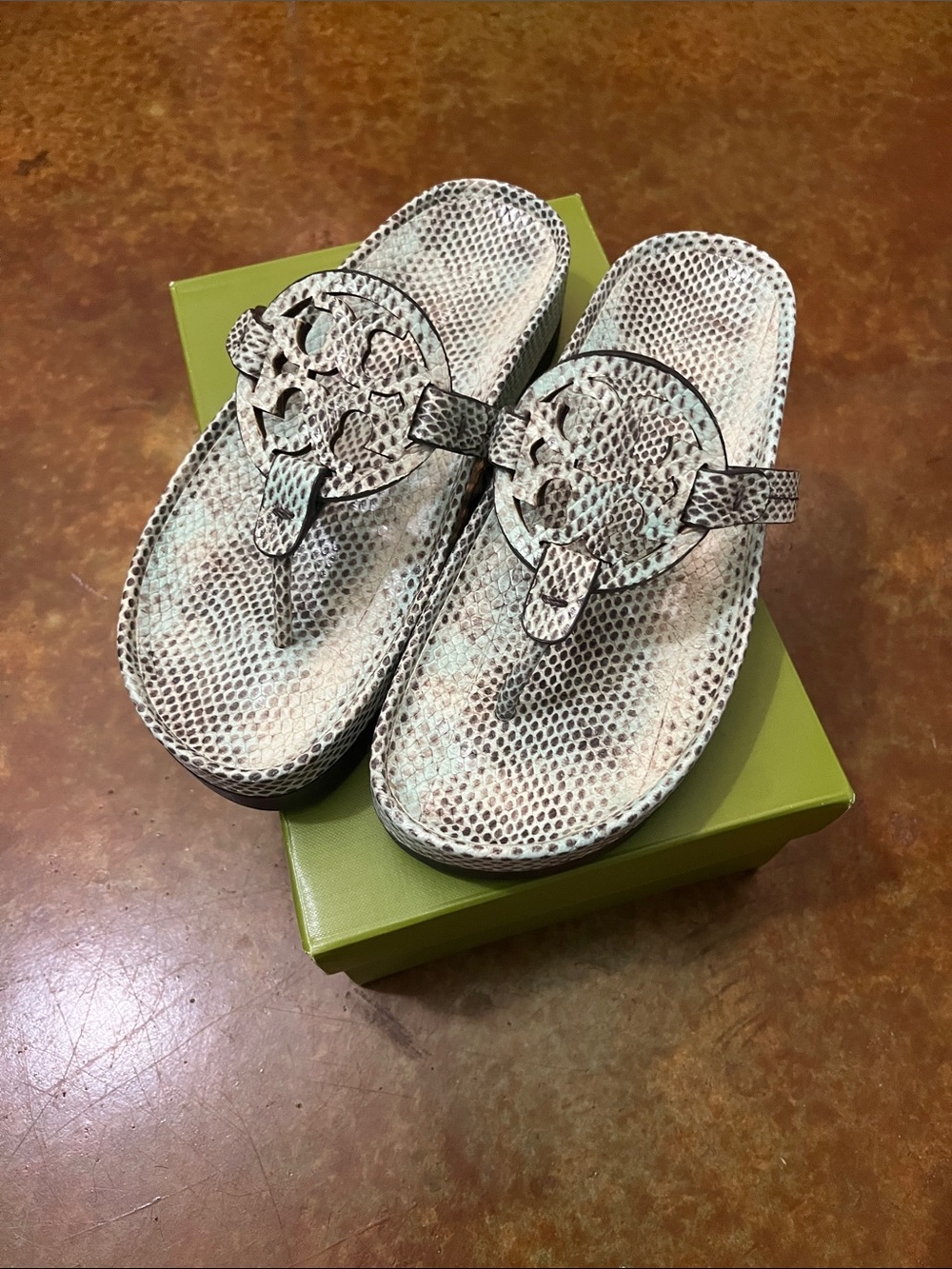 Tory Burch Tan and Cream Snake-Print Wedge Sandals